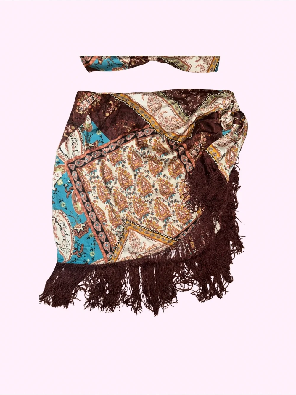 Paisley Print Bikini Top and Fringe Sarong Set in Turquoise & Brown